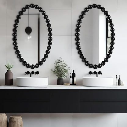 Oval Round Wall Mirror - 30 Inch Decorative Framed Bathroom/Living Room Accent Mirror with Beaded Ball Trim - Vintage Modern Style (Black/White/Gold) (Black)