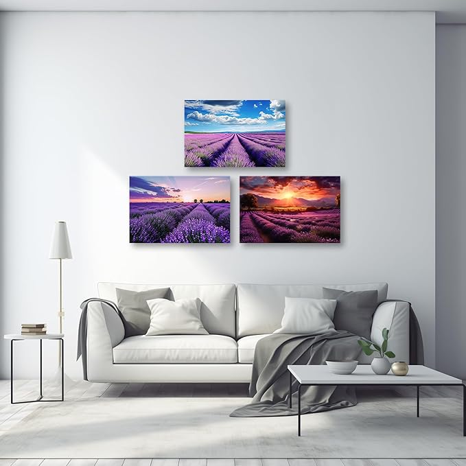 CCWACPP Lavender Canvas Wall Art 3 Panels Purple Lavender Floral Fields Sunset Pictures Large Landscape Living Room Decor Frame (11x14inchx3Pcs)