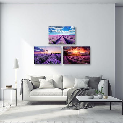 CCWACPP Lavender Canvas Wall Art 3 Panels Purple Lavender Floral Fields Sunset Pictures Large Landscape Living Room Decor Frame (16x24inchx3Pcs)