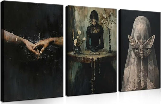 Dark Academia Wall Art, Moody Gothic Victorian Canvas Wall Decor Painting, Vintage Creepy Aesthetic Artwork Poster Prints Pictures for Living Room Bedroom 12x16 Inch Framed