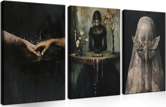 Dark Academia Wall Art, Moody Gothic Victorian Canvas Wall Decor Painting, Vintage Creepy Aesthetic Artwork Poster Prints Pictures for Living Room Bedroom 16x24 Inch Framed