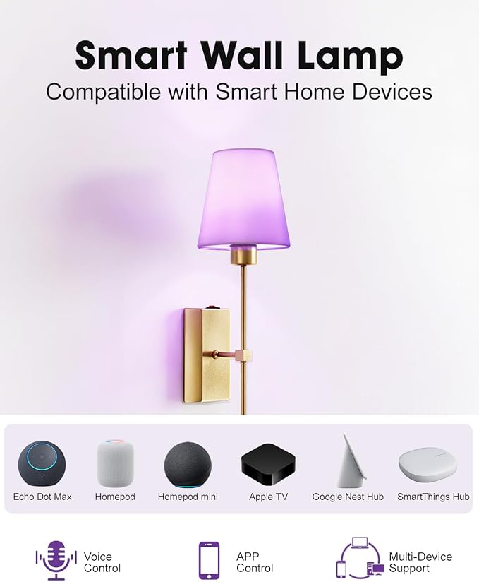 Battery Operated Wall Sconces Set of 2, Smart Rechargeable Wireless Wall Lights with Alexa, Apple Home & Google, RGB Dimmable LED Wall Sconce, 66H Battery Life