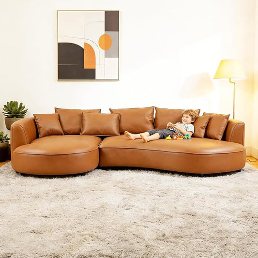 WILLIAMSPACE 124.8" Leather Curved Sofa Couch, Modern Upholstery Luxury Sofa with Pillows, Left Hand Facing Sectional Couch for Living Room (Left-Facing,Orange Leather)