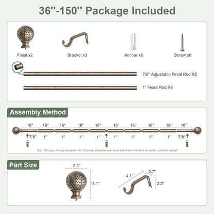 QDWIS Silver Curtain Rods for Windows 72 to 144 Inch,1'' Diameter Drapery Rods with Leaf Pattern Finials,Boho Adjustable Heavy Duty Curtain Rods Set,36-150'',Retro Silver
