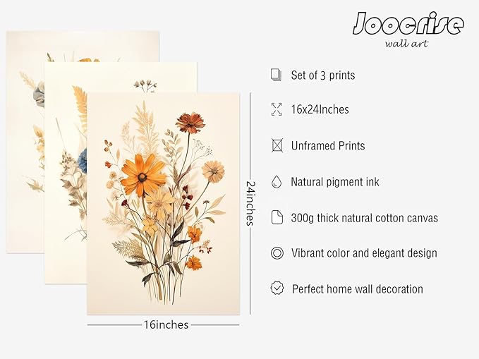 Botanical Floral Wall Art Set of 3 Vintage Wildflower Canvas Wall Decor Watercolor Rustic Farmhouse Wall Art Aesthetic Botanical Pictures Vintage Floral Prints for Room Bedroom 16x24 Inch Unframed