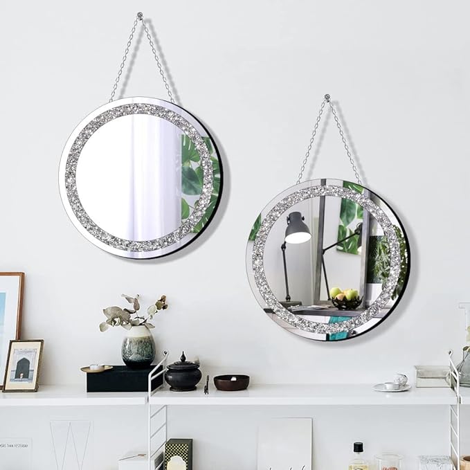 QMDECOR Crystal Crush Diamond Silver Mirror 2 Pack Diameter 12inch Round Shape with Iron Chain Real Glass Mirror for Wall Decor