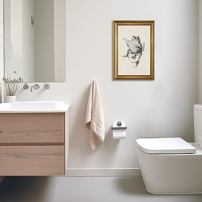 YD&YZY Gold Framed Funny Bathroom Frog Wall Art Canvas Frog on Toilet Reading Newspaper Wall Decor Unique Cute Animal Painting Picture Print Artwork for Bedroom Bathroom 16x24 inch Framed