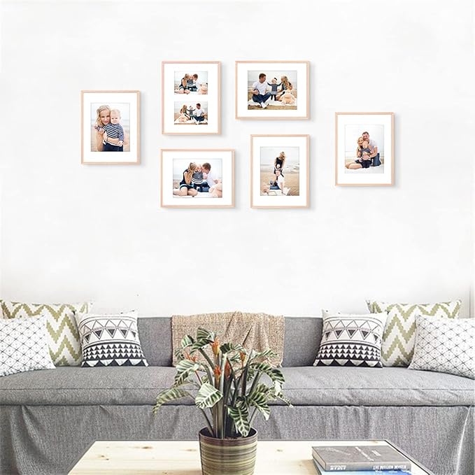 11x14 OAK Natural Wood Photo Frame,Picture Frames with mat 8x10 or 2 mat 5x7,Plexi Glass front Wall Hanging Gallery for Wall and Tabletop Display,set of 6