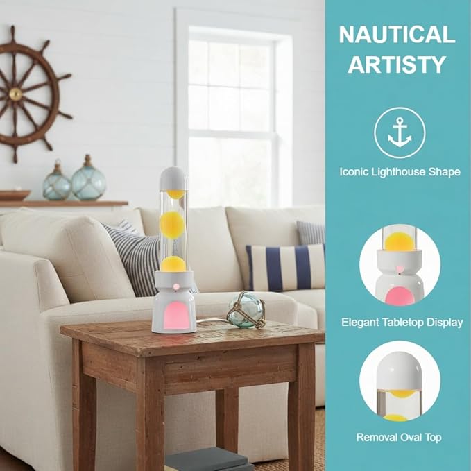 Lighthouse Liquid Motion Lamp, Decorative Night Light with Yellow Wax, 13-Color Changing, Safe Flameless Mood Lighting for Gift and Home Decor- White Base