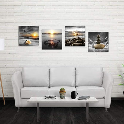 Bamdeya Beach Wall Art Canvas Zen Prints Art Black and White Wall Decor Gold Sea Sunset Seascape Wall Pictures Ocean Sunrise Love Painting for Living Room Bathroom Decor Home Decoration Framed