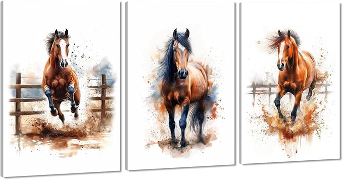Horses Wall Art 3 Panels Watercolor Animals Pictures Prints Artwork Running Horses Posters Wall Decor Living Room Bedroom Home Office Decor, Framed 24" W x 36" H x 3pcs