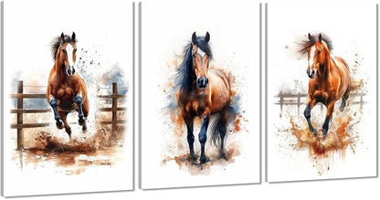 Horses Wall Art 3 Panels Watercolor Animals Pictures Prints Artwork Running Horses Posters Wall Decor Living Room Bedroom Home Office Decor, Framed 24" W x 36" H x 3pcs