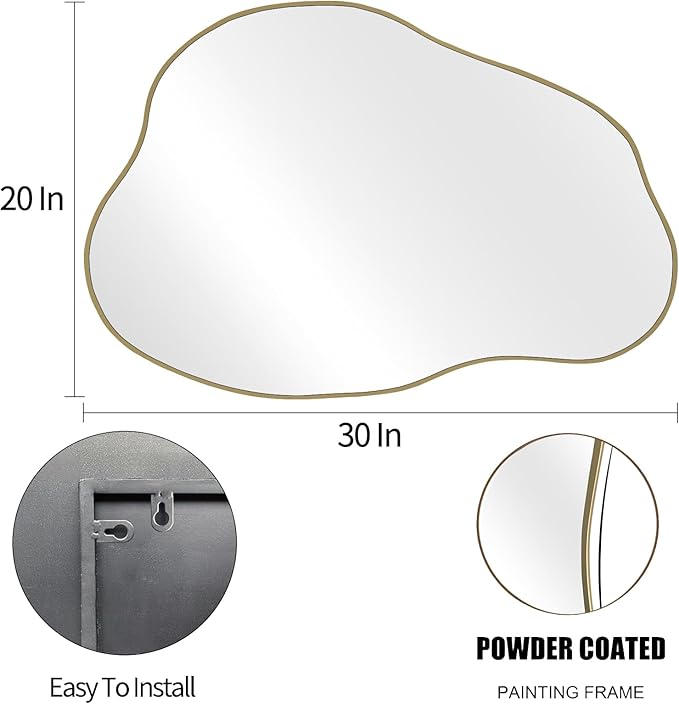 POZINO Gold Irregular Mirror, 30"x20.5" Cloud Shaped Mirrors, Asymmetrical Wall Mirror, Modern Abstract Frameless Mirrors for Living Room Bathroom Bedroom Entryway, Hangs Vertically or Horizontally