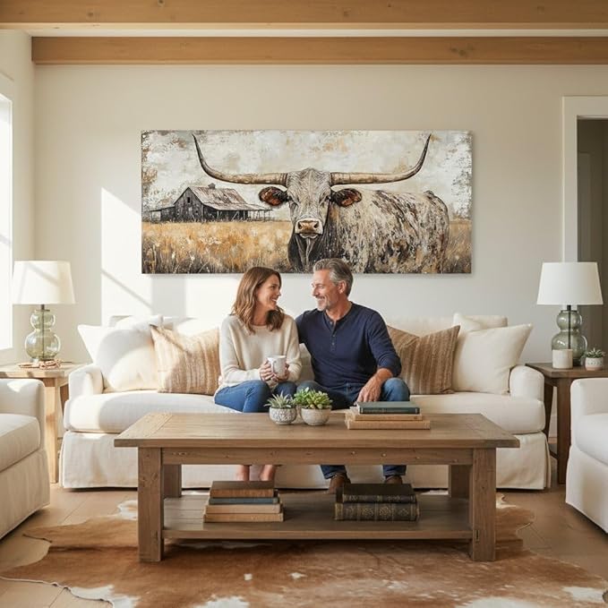 Artmyharbor Rustic Longhorn Bull Canvas Wall Art Large Western Ranch Decor Farmhouse Barn Landscape Picture 20 x 48 inches