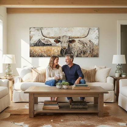 Artmyharbor Rustic Longhorn Bull Canvas Wall Art Large Western Ranch Decor Farmhouse Barn Landscape Picture 20 x 48 inches