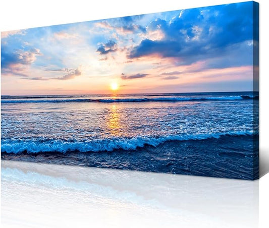 Wapluam Canvas Wall Art For Living Room Large Wall Decor Office Bedroom Home Decorations Blue Beach Ocean Sea Waves Landscape Wall Painting Posters Prints Pictures Wall Mural Artwork 24 X 48 in