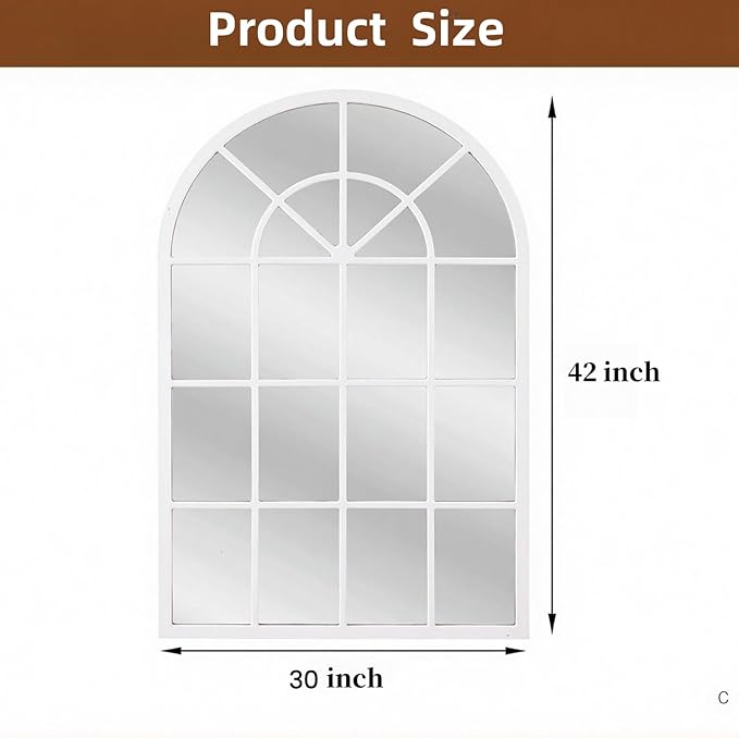 Arch Wall Mirror Mounted Decorative, 30"x42", Arched Window Pane Mirror for Wall-Mounted for Entryway, Bathroom Vanity, Living Room or Bedroom, Iron Frame, White