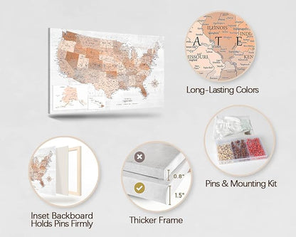 Wall Art Office Living Room Wall Decor Boho Neutral Artwork Large Map of the United States for Travel Tracking Bedroom Kitchen Dining Room Motivational Pictures