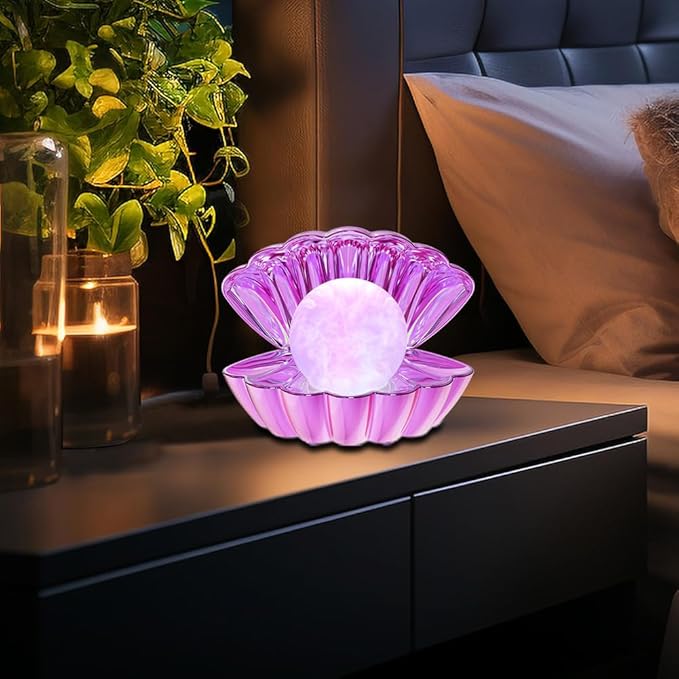 LKUA Shell Pearl Beach Themed Night Light, RGB 8 Colors Changing Mood Shell Pearl Lamps, Bedside LED Clamshell Portable Night Lights for Bar (Electroplating Purple)