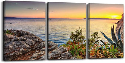 Canvas Wall Art for living room bathroom Wall Decor for bedroom artwork Canvas Prints sun ocean landscape painting 12" x 16" 3 Pieces framed office family wall decorations Pale yellow kitchen picture