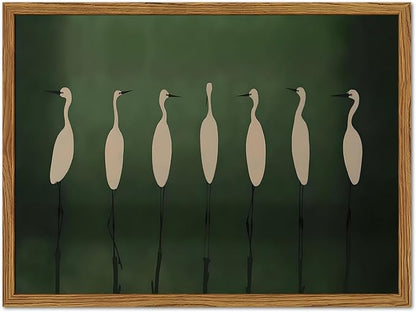 Framed Japanese Cranes Wall Art, Vintage Bird Pictures Wall Decor Paintings, Rustic Nature Animal Canvas Prints Minimalist Green Home Decor for Living Room Bedroom Office 12x16 inch