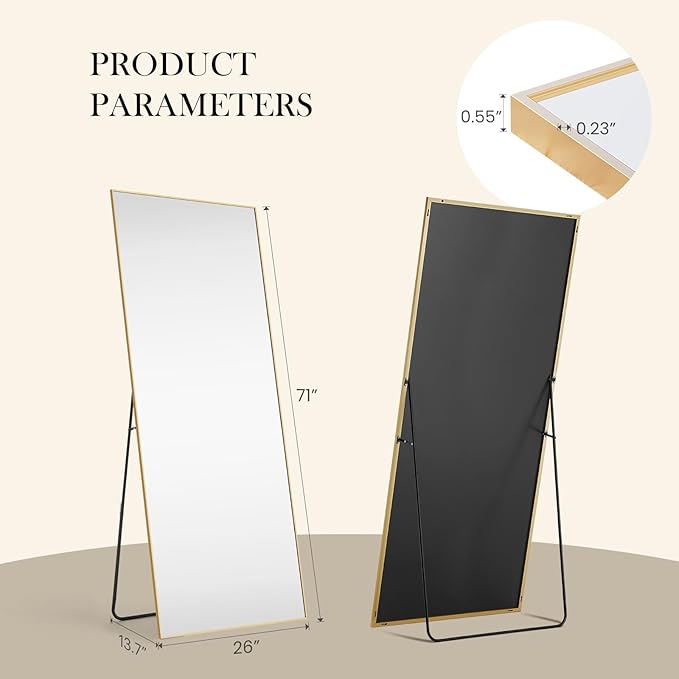 NEWBULIG Mirror Full Length, 71"x26" Body Wall Mirrors with Shatter-Proof Glass, Upgraded Floor Standing Mirror, Hanging or Leaning, with Stand Aluminum Alloy Frame for Home Decor, Bedroom, Gold