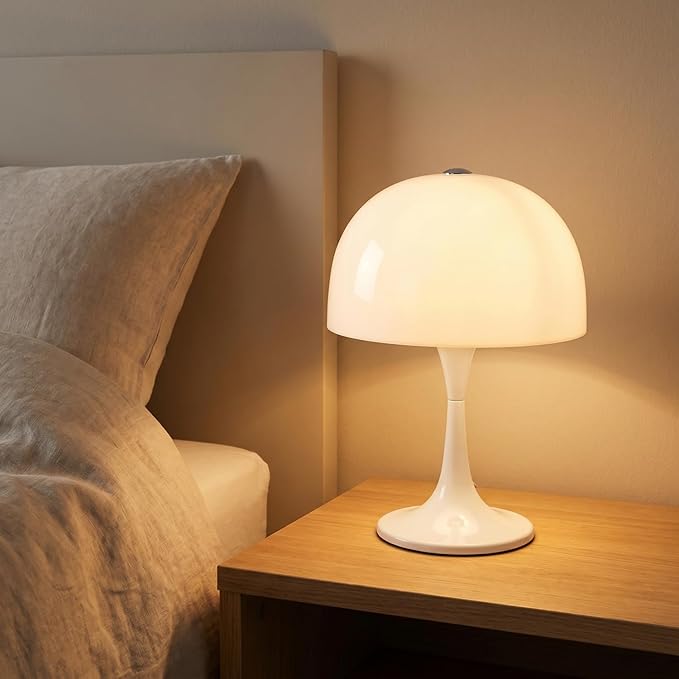 Modern Sleek Table Lamp for Bedroom, 3-Light LED End Table Lamp for Living Room, Office, Milky White Acrylic Shade Metal Mushroom Desk Lamp for Bedside Night Light, White Base