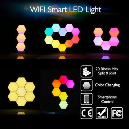 Yescom APP Control Hexagon LED Lights 10 Pack WiFi Wall Hex Light Gaming Room Bedroom Decor Compatible with Alexa Google