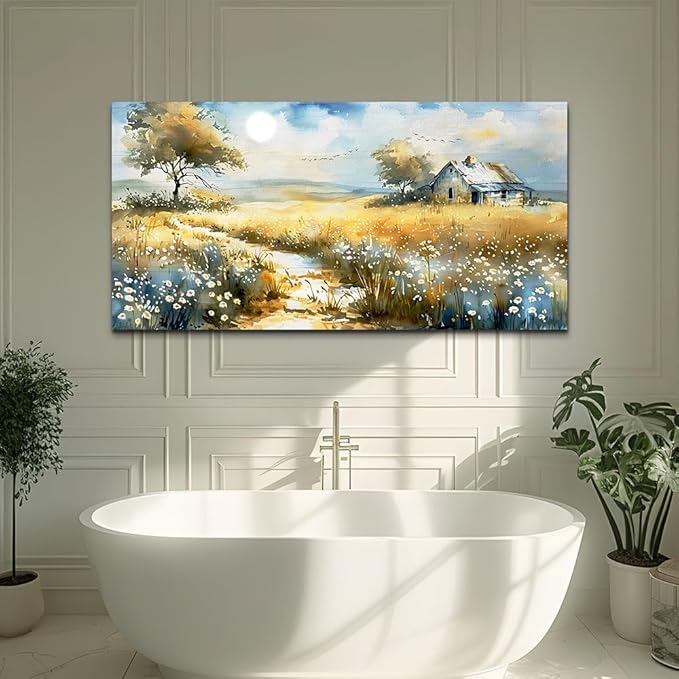 KELIYUAN Vintage Wildflower Field Landscape Painting Wall Art For Dining Room Kitchen Art Print Country Field Mural Wall Decoration For Farmhouse And Living Room Bedroom Home Decoration 20x40 In