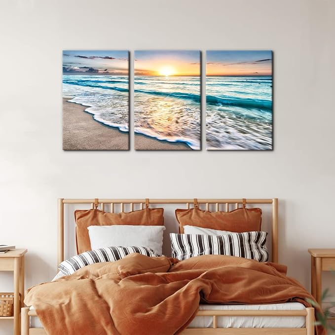 Pacimo 3 Panels Beach Canvas Wall Art for Home Decor Blue Sea Sunset White Beach Painting The Picture Print on Canvas Seascape The Pictures for Home Decor Decoration Ready to Hang - 16"x24"x3 Panels