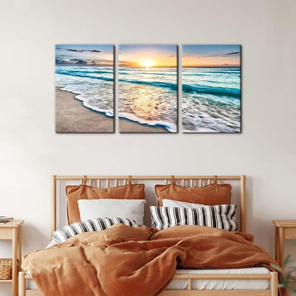 Pacimo 3 Panels Beach Canvas Wall Art for Home Decor Blue Sea Sunset White Beach Painting The Picture Print on Canvas Seascape The Pictures for Home Decor Decoration Ready to Hang - 16"x24"x3 Panels