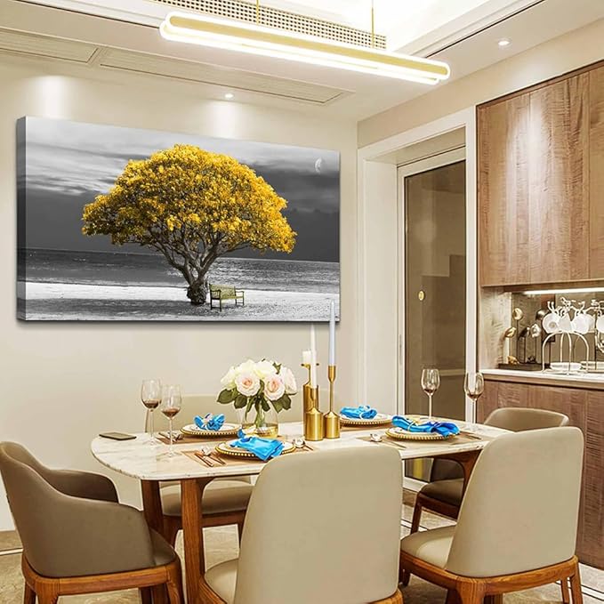 Wapluam Large Canvas Wall Art for Living Room, Office, Bedroom - Black and White Landscape Paintings With Yellow Trees - Framed Pictures Artwork Home Decor Mural 24x48 in