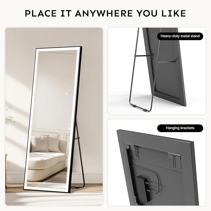 Kosmonia 71x28 Full Length Mirror, Dimmable 3 Color LED Light w/Light Memory, Distortion Free Silver Coating Mirror, HD Reflection &Anti Desilvering,Tempered Glass, Easy Setup w/Stand, Wall/Standing