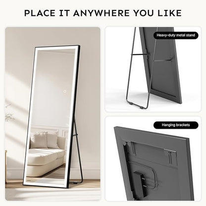 Kosmonia 67x20 Full Length Mirror, Dimmable 3 Color LED Light w/Light Memory, Distortion Free Silver Coating Mirror, HD Reflection &Anti Desilvering,Tempered Glass, Easy Setup w/Stand, Wall/Standing