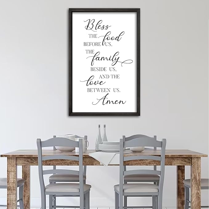 comurdyo Kitchen Wall Decor Bless the Food Before Us Prayer Farmhouse Christian Sign 16"×11" Framed Wood for Small Modern Religious Holy Dining Room Kitchen Plaque Wall Art Hanging (Black)