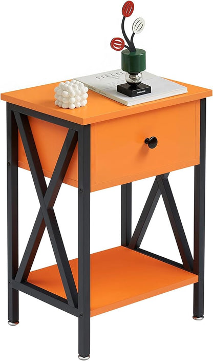 VECELO Nightstand,Modern Bedside End Table, Night Stand with Drawer and Storage Shelf for Living Room Bedroom, Industrial Metal Frame