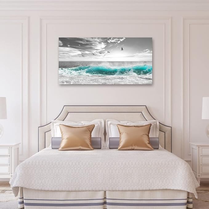 yearainn Large Ocean Canvas Wall Art for Living Room Wall Decor Teal Sea Wave Canvas Prints Artwork Seagull Birds Canvas Pictures for Bedroom Home Office Wall Decorations Ready to Hang 20" X 40"