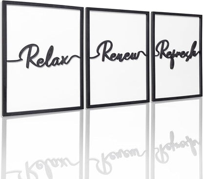 3D Wood Wall Art, 36" x 16" Framed Black and White Decor, 3D Bathroom Pictures for Wall Decor (Ready to Hang, Set of 3, Framed)
