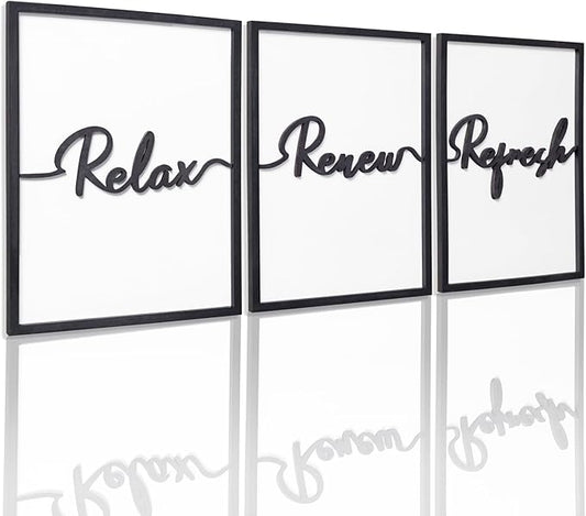 3D Wood Wall Art, 36" x 16" Framed Black and White Decor, 3D Bathroom Pictures for Wall Decor (Ready to Hang, Set of 3, Framed)