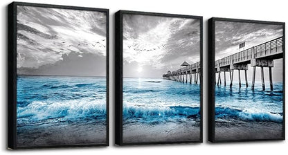 Black Framed Canvas Wall Art - Living Room, Bedroom & Office Decor - Blue Ocean Sea Wave Pictures - Modern Home Decor