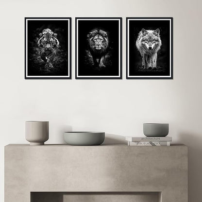 Black White Wild Beasts Framed Canvas Wall Art Set of 3 Tiger Lion Wolf Decor for Office Nursery Living Room Bedroom Modern Wildlife Animals Print Artwork Wall Decor Easy to Hand 12x16inchx3pcs