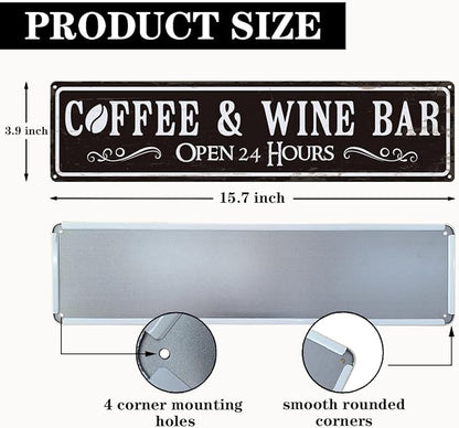 Coffee and Wine Bar Decor, Coffee & Wine Bar Open 24 Hours Sign, Retro Metal Tin Sign, Rustic Farmhouse Wall Decoration, Vintage Home Decor for Kitchen, Coffees Station Decors, 15.8x4 Inches