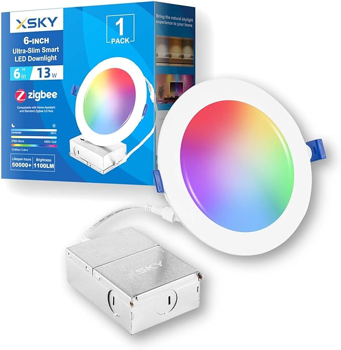 Xsky 6 Inch Smart Canless Recessed Lighting, 1 Pack, Zigbee 3.0 RGB+CCT LED Downlight, 1100LM, Compatible with Alexa, Home Assistant, and Zigbee 3.0 Hubs