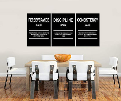 3 Panel Inspirational Canvas Perseverance Discipline Consistency Print Wall Art Motivational Poster Painting Modern Inspiring Artwork for Home Living Room Office Decor Ready to Hang [60''Wx 28''H]
