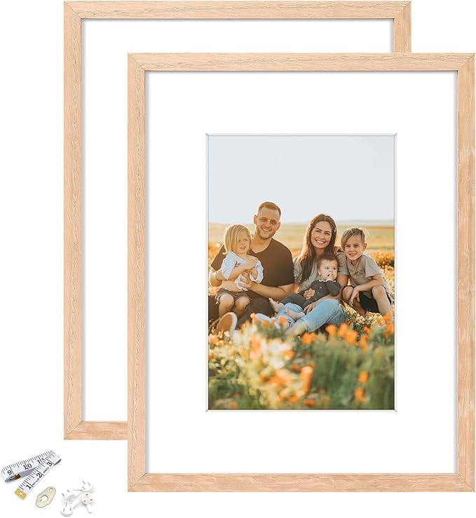 8x10 Picture Frame, OAK Wood Photo Frame 5x7 with Mat or 8x10 without Mat with Perspex Glass for Vertical or Horizontal Tabletop Wall Display for Photos, Paintings, Posters, Artwork, Set of 2