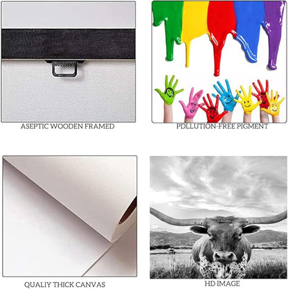 3 Panels Cow Canvas Wall Art Highland Cow Pictures Wall Decor Artwork Texas Longhorn Painting Modern Gray Posters Prints for Living Room Home Office Decor, Framed 24" Wx36 Hx3pcs