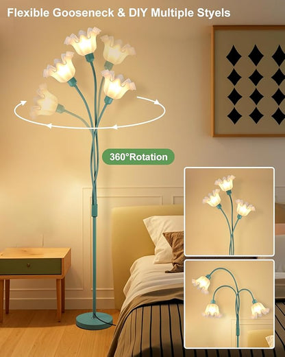 Lightdot Vintage Flower Floor Lamp for Living Room Modern Standing Lamp with DIY Flexible Branch Pole Green Cute Floral Floor Lamps with 5Lbs Heavy Base for Girls' Bedroom/Sofa/Corner(Bulbs Included)
