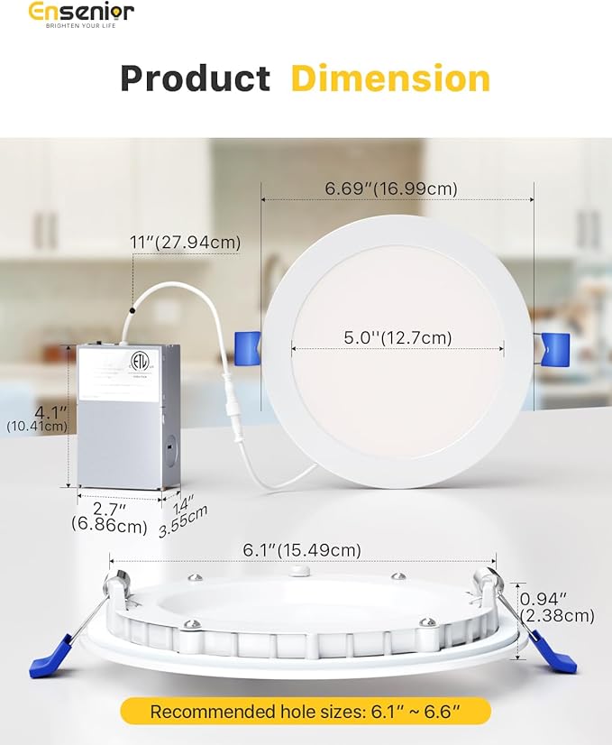 Ensenior 6 Pack 6 Inch Ultra-Thin LED Recessed Light with Junction Box, 2700K-6000K Selectable, 12W 110W Eqv, Dimmable, 1200LM High Brightness - ETL Certified