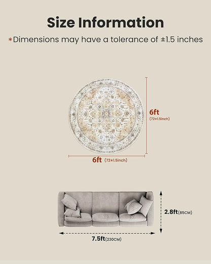 AMADA HOMEFURNISHING Round 6ft Area Rugs, Low-Profile Washable Rug with Non-Slip Backing & Durable Edge Binding, Vintage Rugs for Living Room, Bedroom, Dinning Room