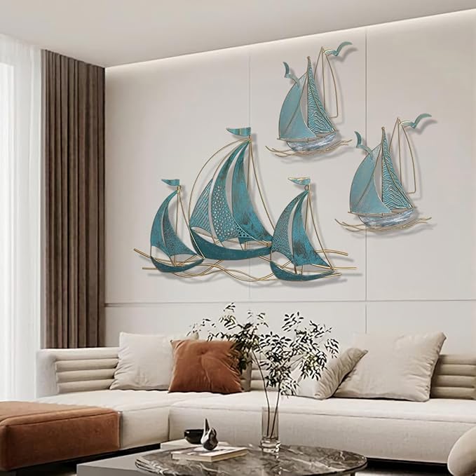 Set of three sailboats Metal Wall Art Large Metal Sailboat Wall Decor, Metal Ship Wall Decorations, Large Metal Ship Wall Decor for Living Room, Bedroom, Modern Home Wall Sculpture for Office, Bedroom